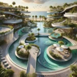 Luxurious tropical resort with flowing, organic-shaped architecture, featuring elevated walkways, lush greenery, and sunken seating areas in a coastal setting.