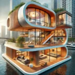 Sleek, curved urban living space on water with large panoramic windows, warm wood accents, and modern furnishings, set against urban greenery.