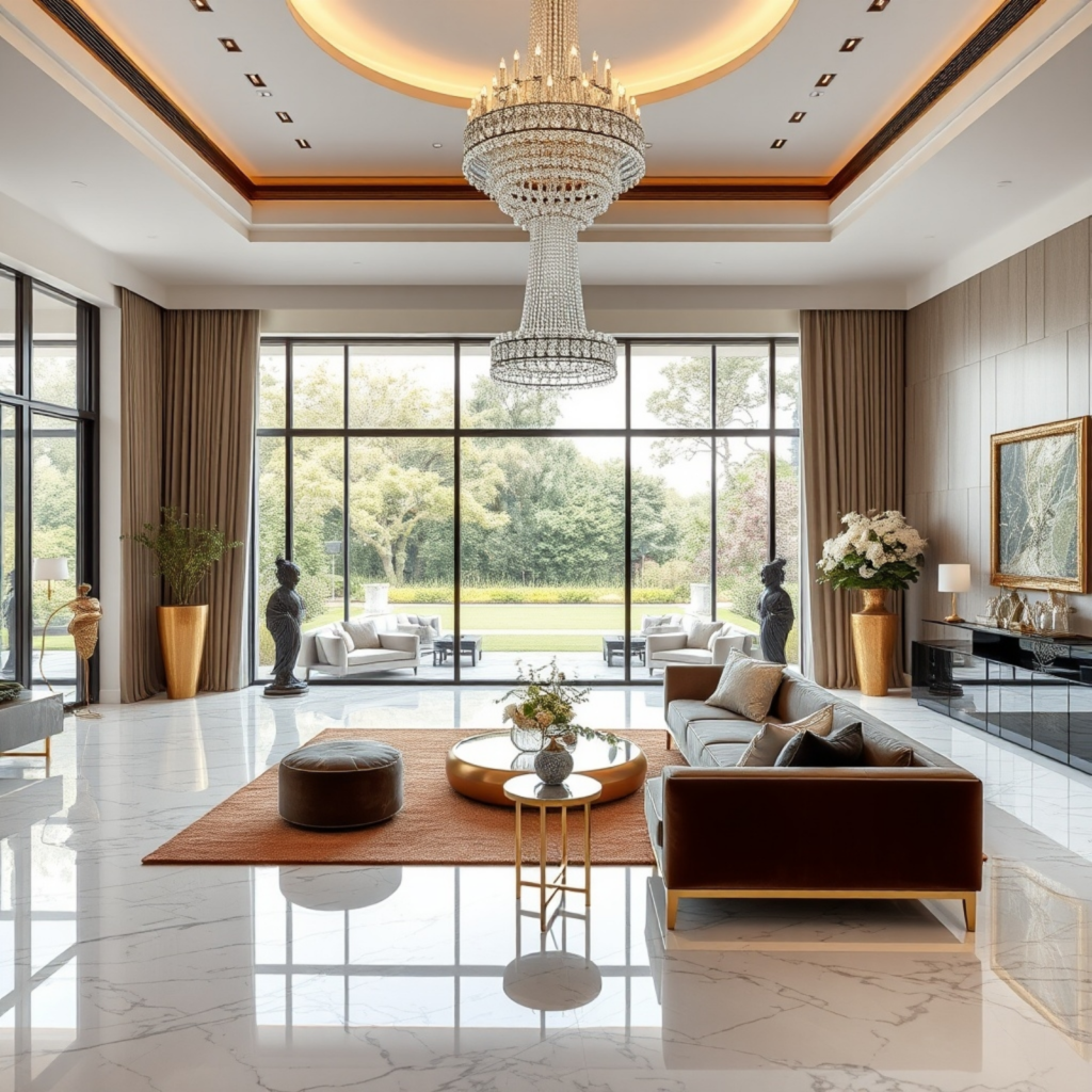 Elegant living room interior design with black velvet sofas and grand chandelier.