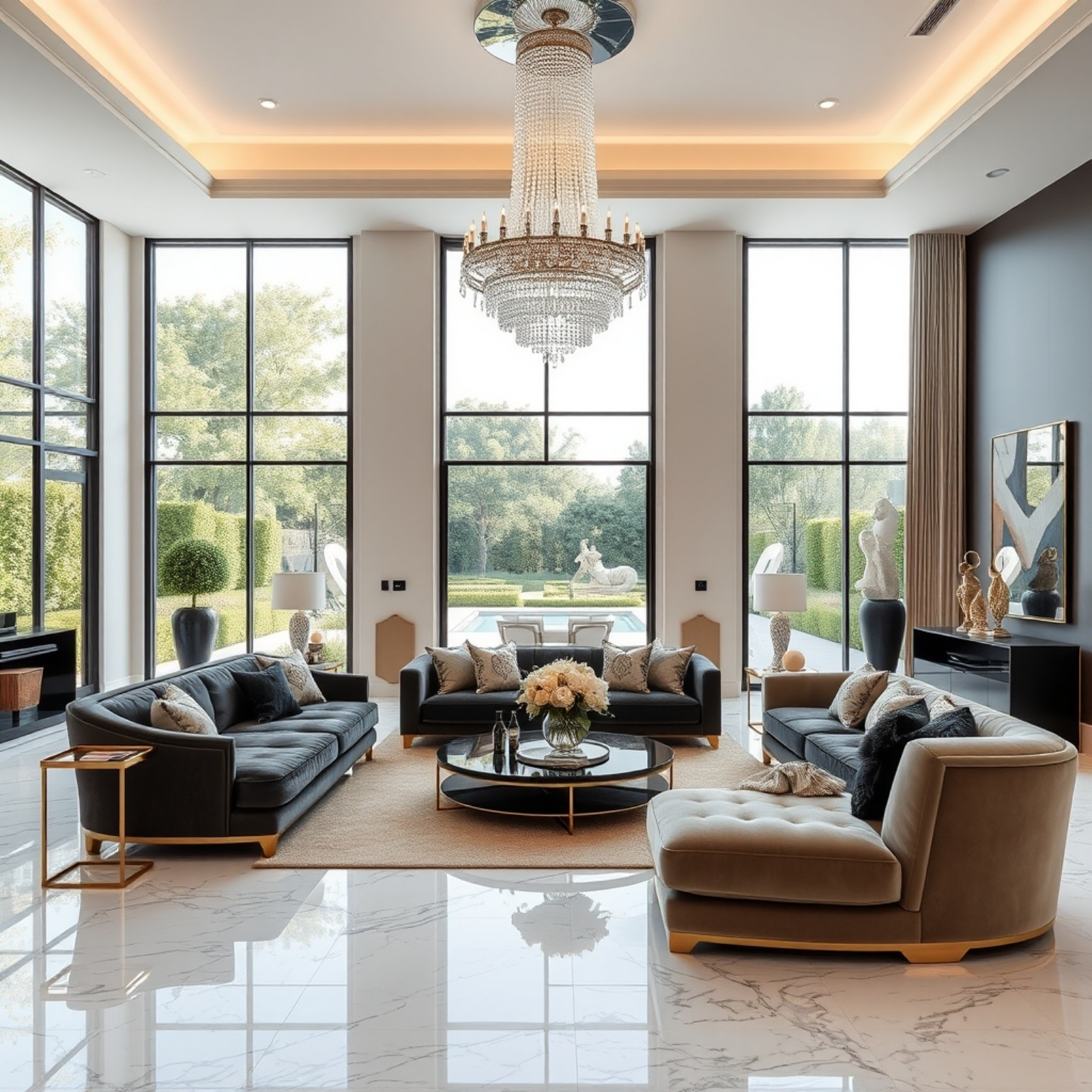 Luxurious modern living room with high ceilings, chandelier, and floor-to-ceiling windows.