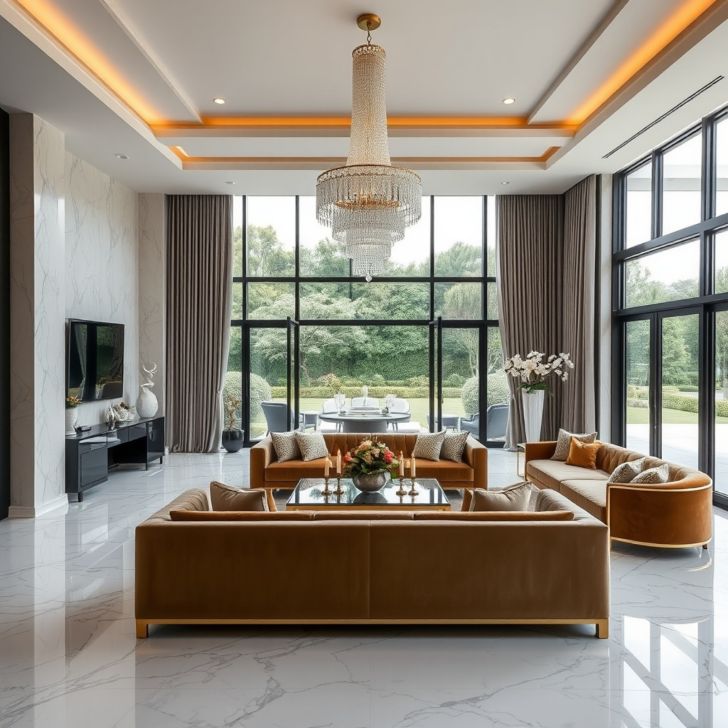 Spacious living room with marble floors, chandeliers, and large glass windows showcasing garden views.