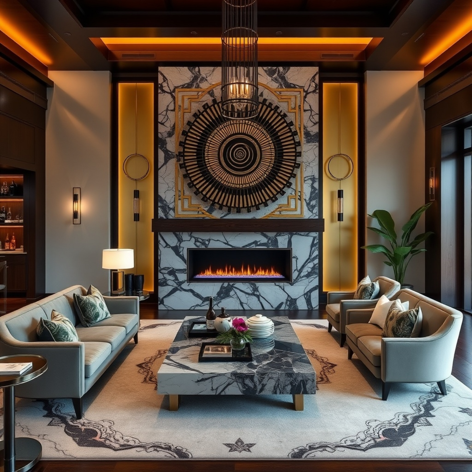 A luxurious Art Deco living room featuring modern tech elements such as a custom wall art installation and a tech-enabled fireplace surrounded by intricate marble, combined with dark wood finishes and jewel-toned velvet seating.