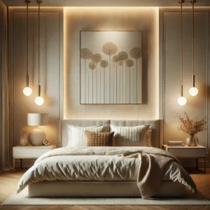 A serene and sophisticated bedroom featuring neutral tones, layered bedding, and soft pendant lighting, showcasing minimalist elegance in interior design.