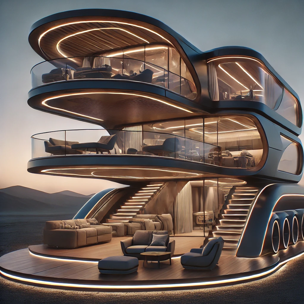 A futuristic mobile villa with sleek curved architecture, integrated lighting, and open terraces, designed for luxurious, modern living on the move.