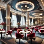 A luxurious dining space featuring bold red seating, grand columns, and ambient lighting, blending classical architecture with modern elegance.