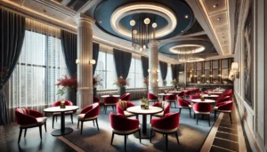 A luxurious dining space featuring bold red seating, grand columns, and ambient lighting, blending classical architecture with modern elegance.