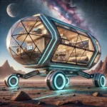 A futuristic mobile habitat designed for space exploration, featuring geometric glass panels, advanced rover wheels, and luxurious interiors, representing a new era of space-age living.