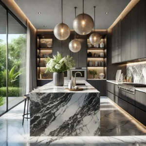 A modern kitchen featuring a striking marble island, warm wood cabinetry, and nature-inspired design with floor-to-ceiling glass doors.