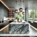 A modern kitchen with a striking marble island, dark cabinetry, and elegant pendant lighting, featuring floor-to-ceiling windows.