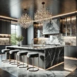 A luxurious modern kitchen with marble countertops, ornate chandeliers, and gray cabinetry.