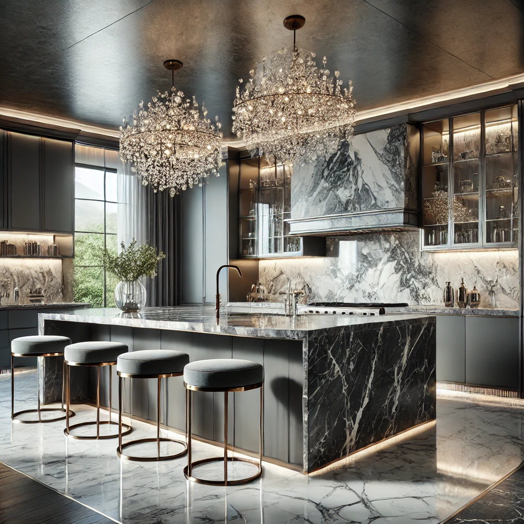 A luxurious modern kitchen with marble countertops, ornate chandeliers, and gray cabinetry.