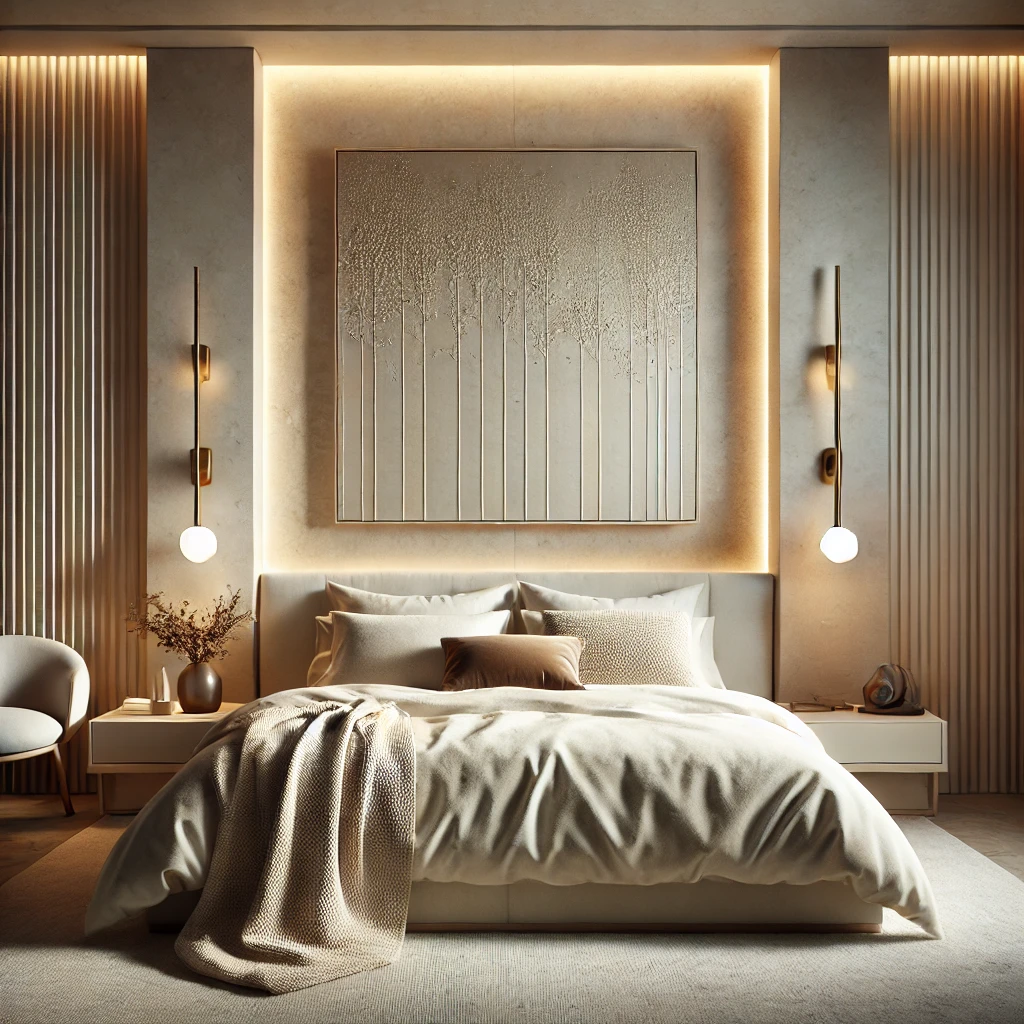 A modern luxe bedroom with neutral tones, soft bedding, and minimalist decor, featuring statement lighting and layered textures for a serene and elegant space.