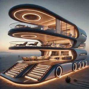 A futuristic luxury mobile home with sleek curved architecture, integrated lighting, and multi-level terraces for modern, mobile living.