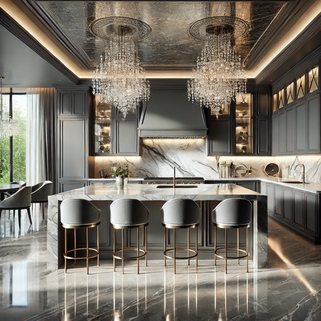 A luxurious modern kitchen with marble countertops, crystal chandeliers, and gray cabinetry with gold accents.