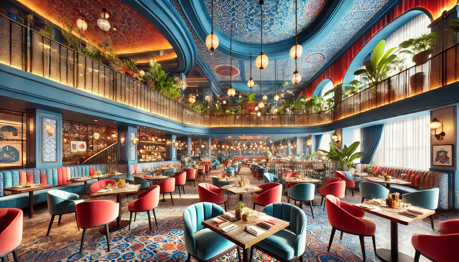 A vibrant Moroccan-inspired dining space with bold blues, reds, intricate patterns, and lush greenery, creating an exotic and luxurious dining atmosphere.