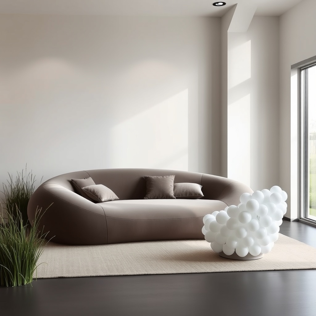 Modern minimalistic living room with a sleek grey sofa and a unique bubble-style armchair, creating a serene and sophisticated space.