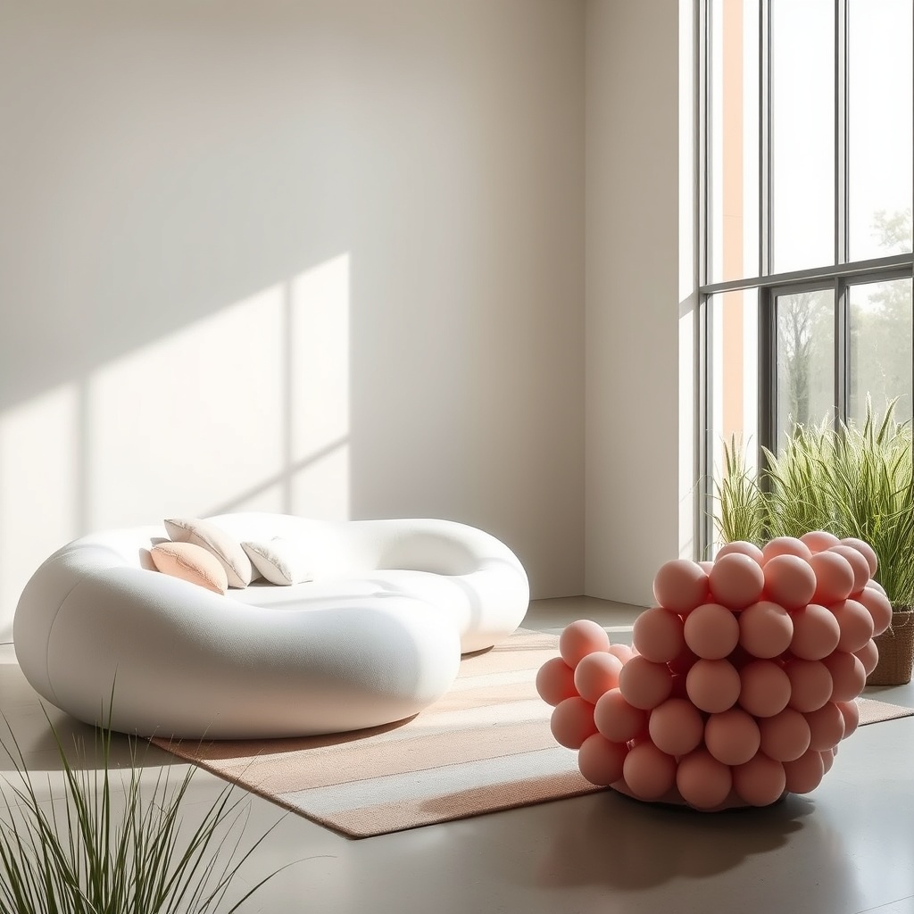 Contemporary minimalist living room featuring a unique pink bubble chair and modern white sofa.