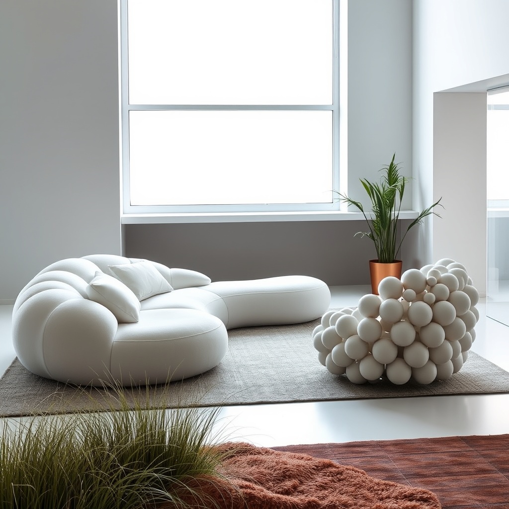 Modern minimalist living room with unique white bubble chair and curved sofa.