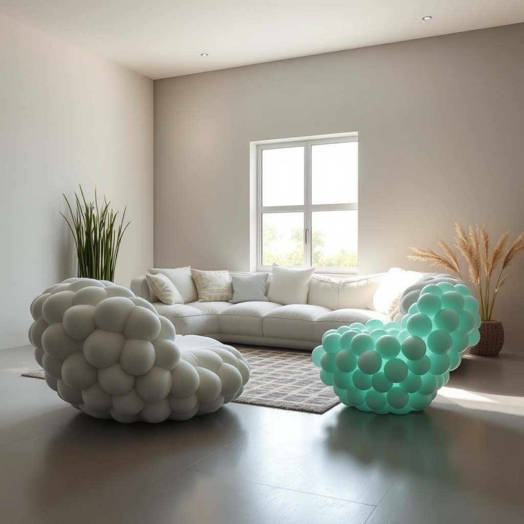 Modern living room with bubble-inspired armchairs and sleek sofa design.