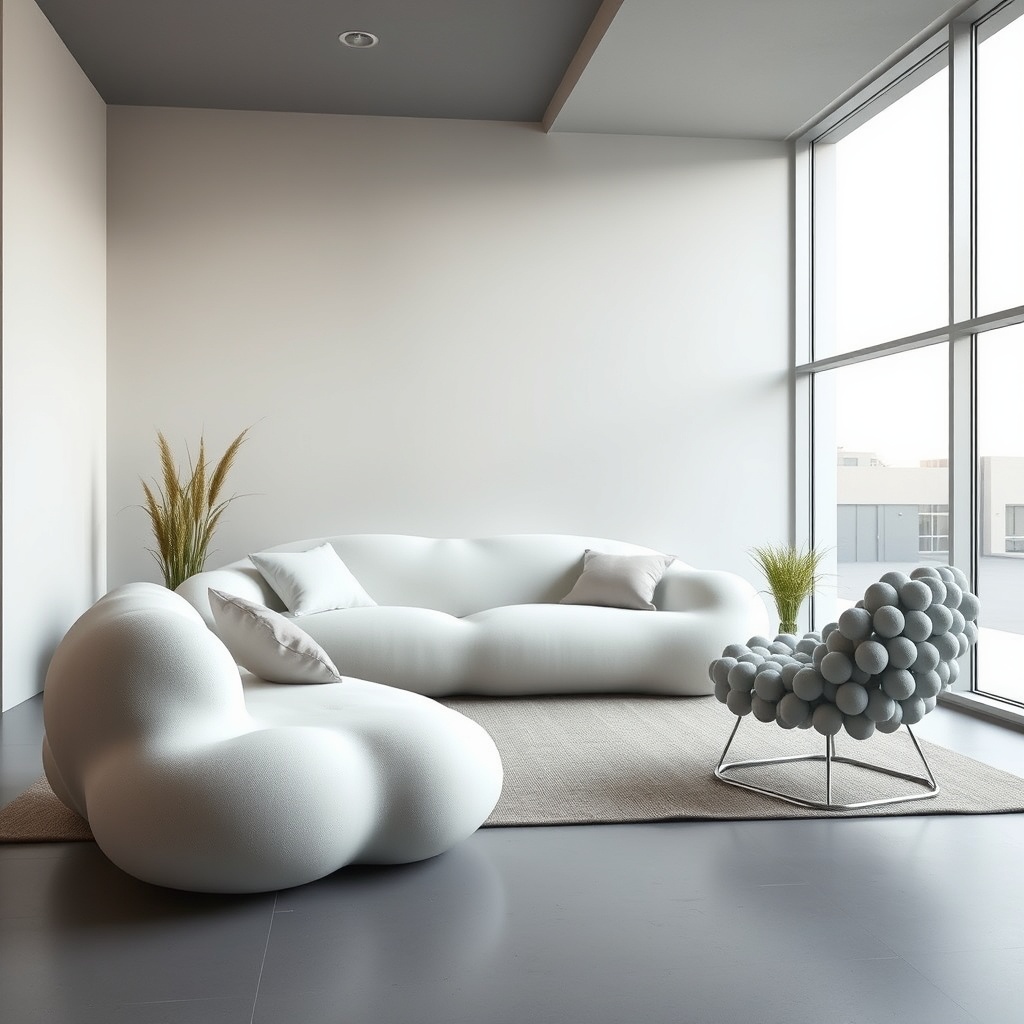 Minimalistic modern living room with sleek white furniture and a unique bubble chair by the window.