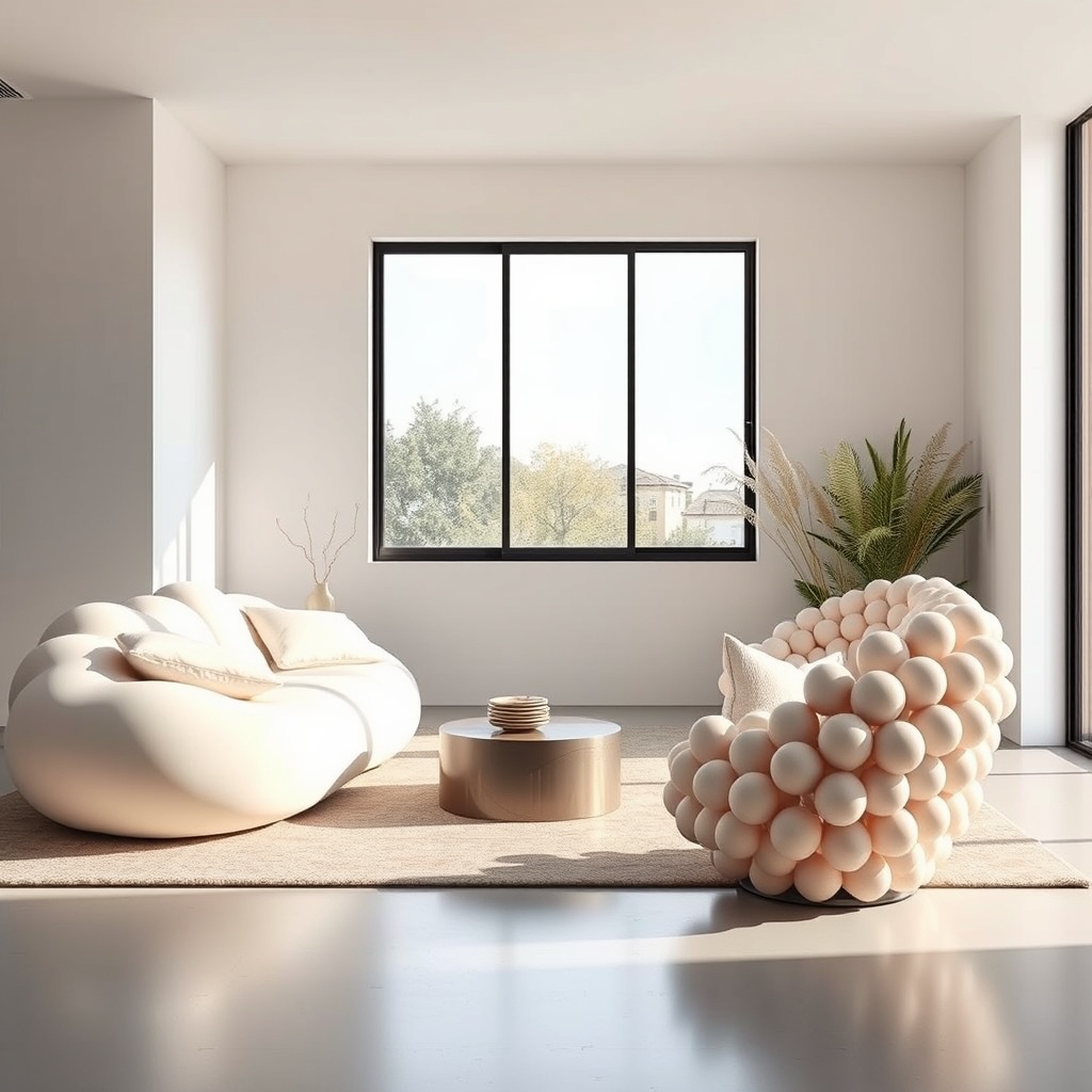 Minimalistic modern living room featuring playful, unique seating and sleek furniture designs.