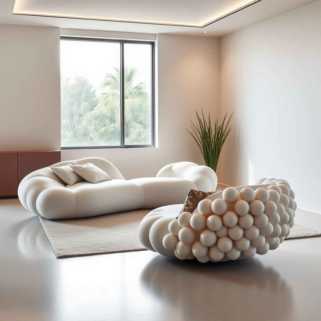 Modern minimalist living room with a unique, playful seating arrangement featuring a sleek white sofa and a bubble-like chair, creating an inviting atmosphere.