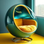 A vibrant green egg chair with a glossy finish, featuring a cozy yellow cushion inside, set against a teal wall and illuminated by natural light from a nearby window.