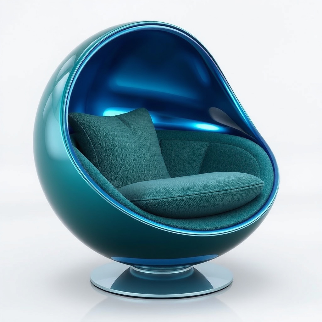 Elegant modern blue egg chair with plush teal cushion in a minimalistic setting.