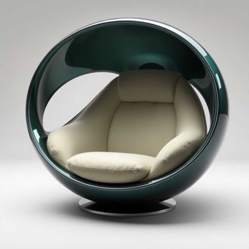 Modern spherical egg chair with a dark green glossy shell and cream-colored cushion on a swivel base.