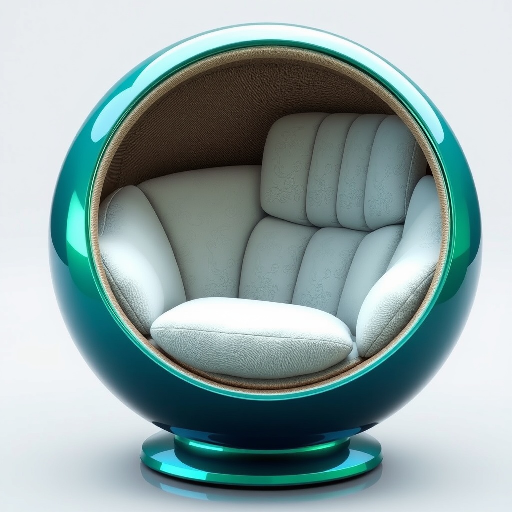 A modern egg chair with a teal glossy shell and soft, white cushioned interior, showcasing a cozy and contemporary design.
