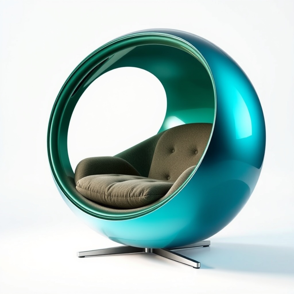 A contemporary turquoise egg chair with an open, spherical design, featuring a plush, tufted olive-green cushion on a sleek chrome base.