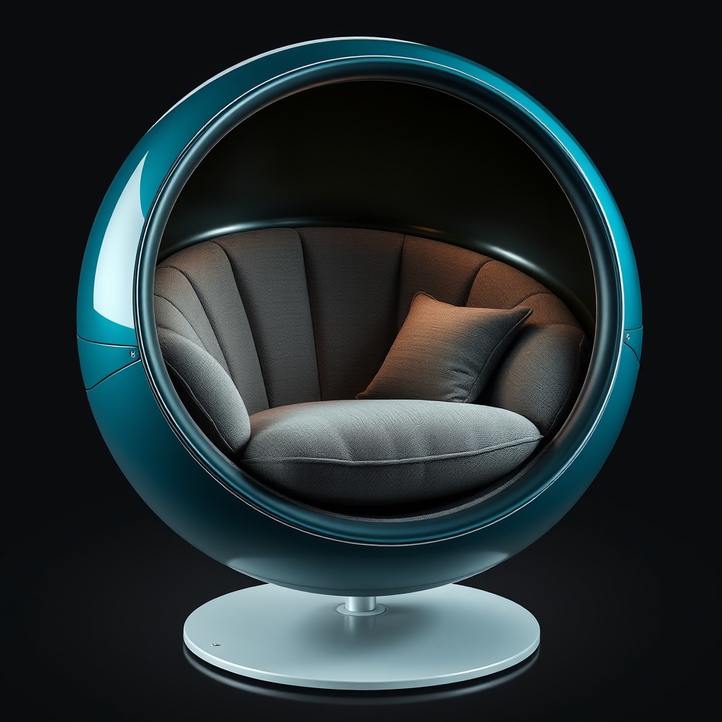 A modern, teal spherical egg chair with sleek gray upholstery and a subtle spotlight effect, offering a cozy and elegant seating experience. The chair sits on a sturdy, round base and is positioned against a dark background, creating a stylish contrast.
