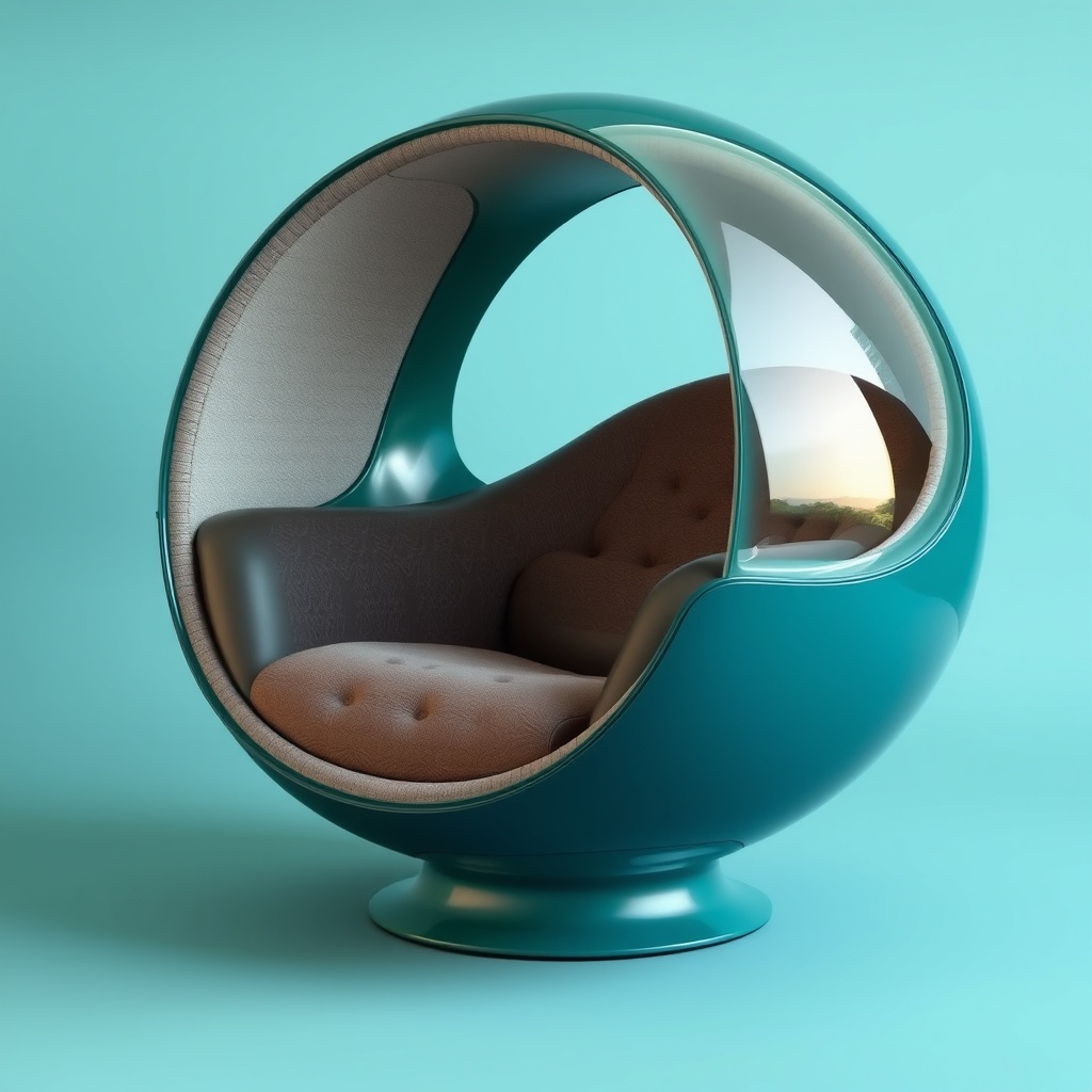 Modern teal and beige egg chair with a sleek, futuristic design and half-open shell structure.