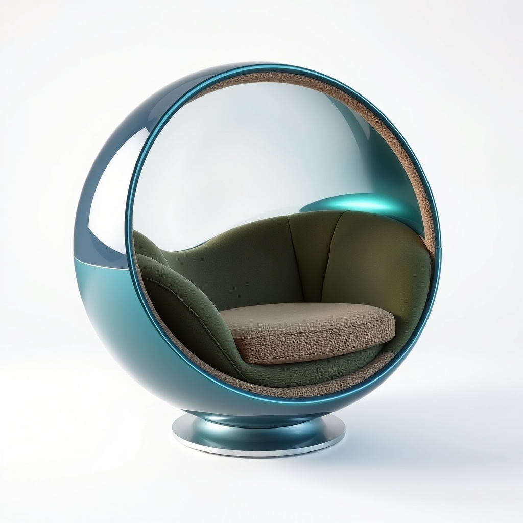 A sleek, modern egg chair with a teal exterior and deep green upholstery, designed for comfort and style, placed in a bright space with soft lighting.