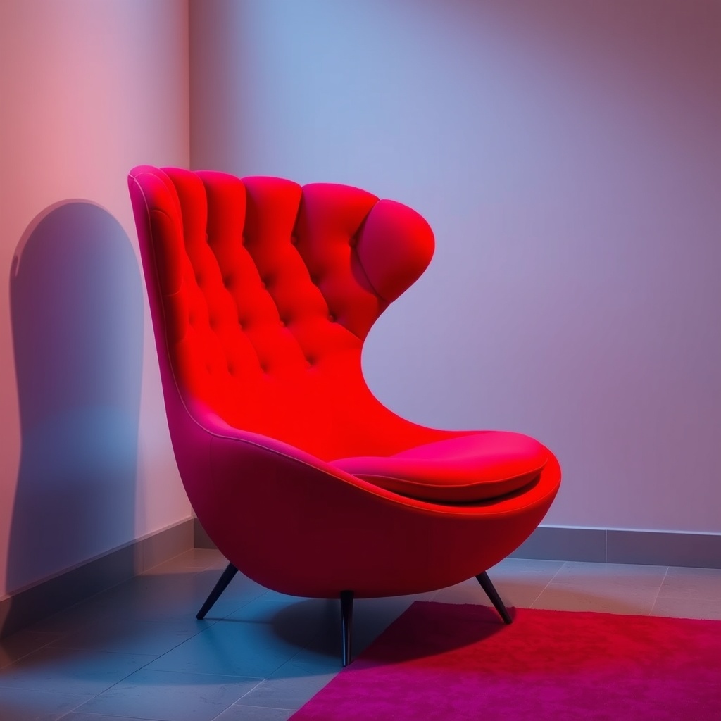 A vibrant red modern chair with a sculpted design in a minimalist interior setting.