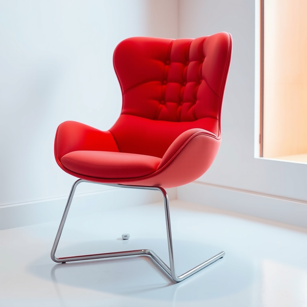 A modern red lounge chair with a sleek design, perfect for contemporary interior spaces.