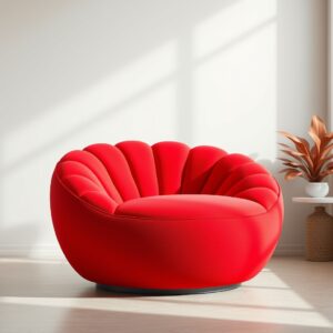 A modern, vibrant red chair with a plush, petal-like design in a minimalist living space, perfect for both homes and offices, highlighting innovative interior design.