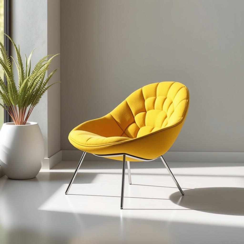 A bright yellow modern lounge chair with a sleek design, illuminated by natural sunlight, placed beside a large window with a potted plant nearby.