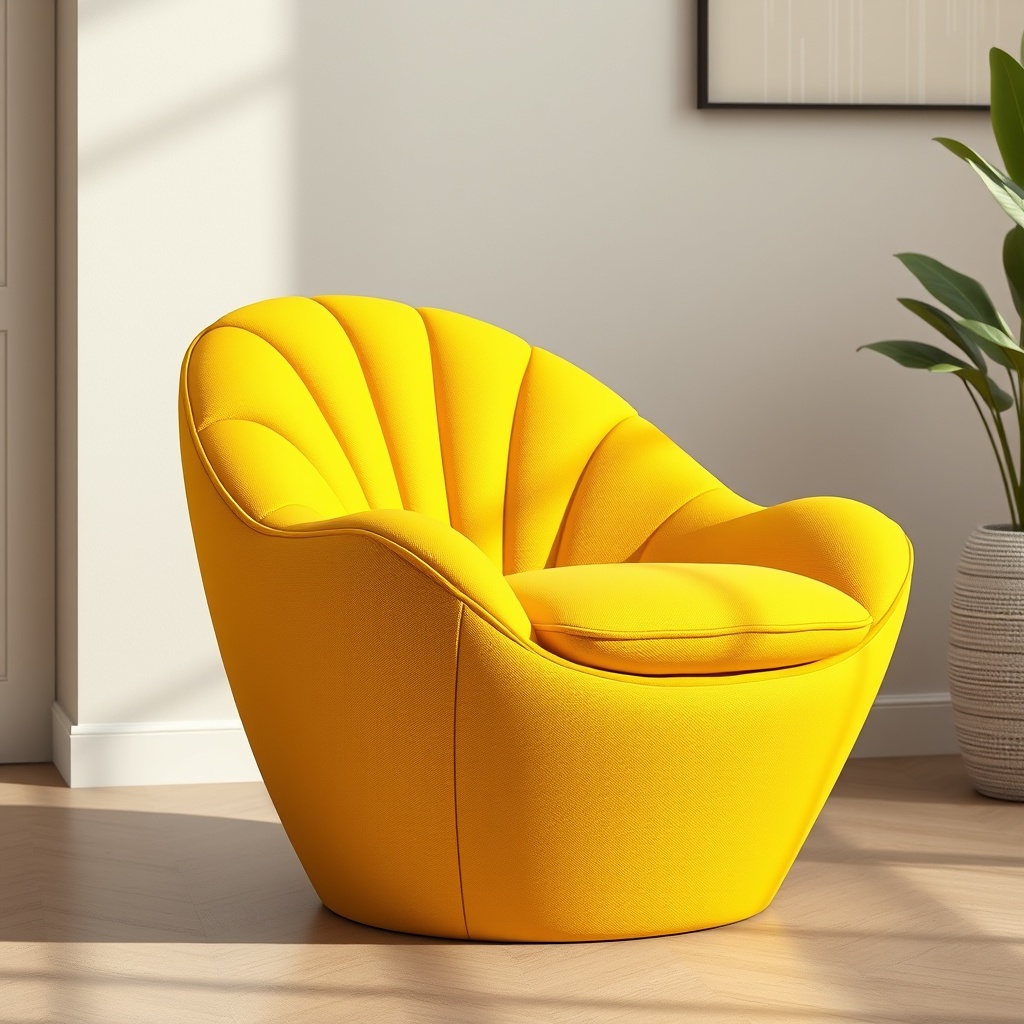 Bright yellow modern chair with a sleek curved design, placed in a sunlit corner, adding a pop of color to the room.