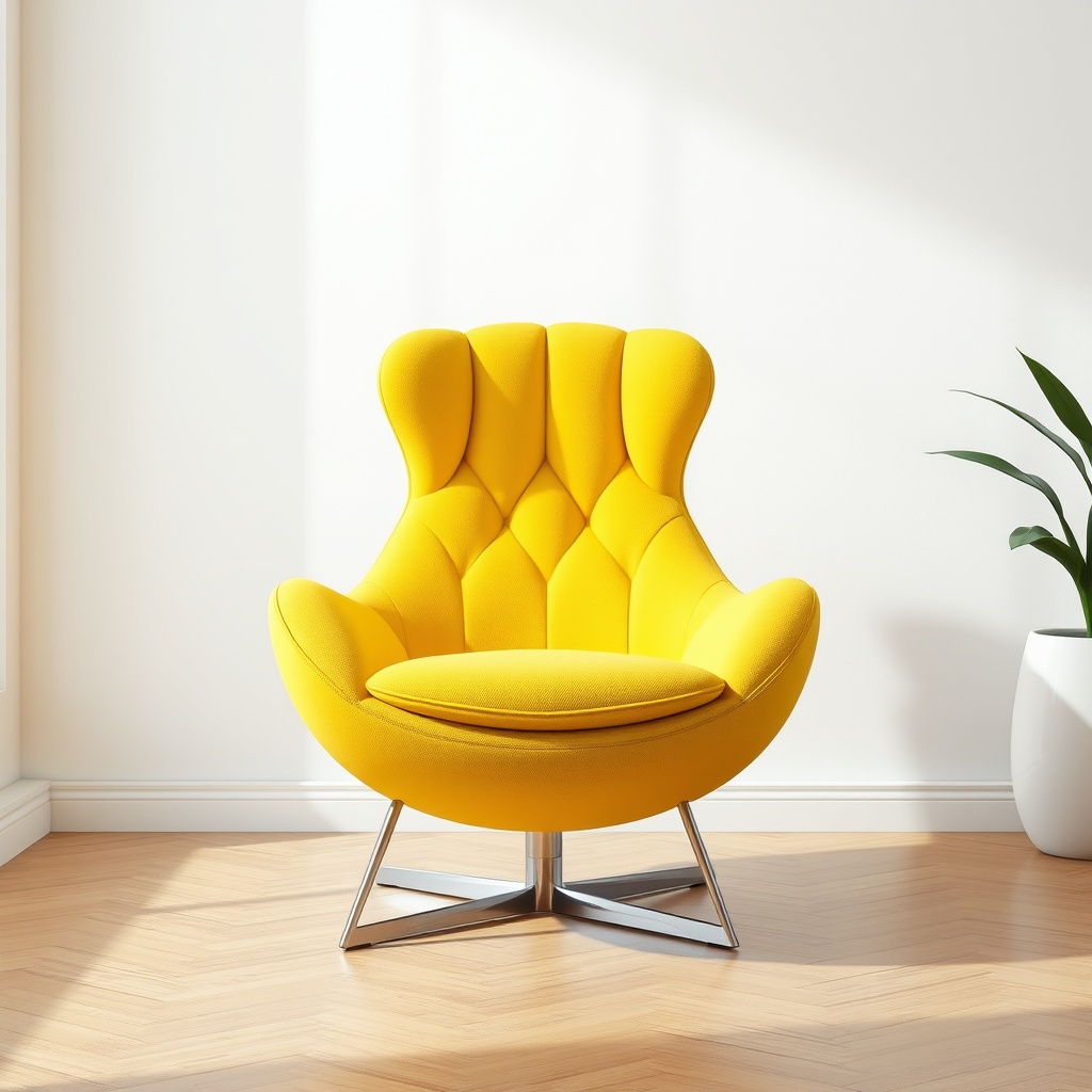 Modern yellow lounge chair with tufted upholstery in a bright, minimalist living space with wooden floors and a potted plant.