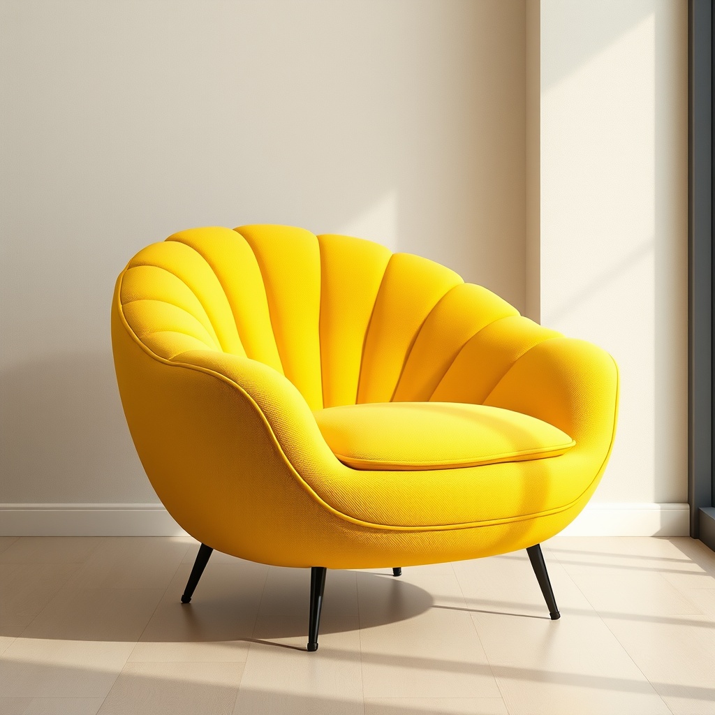 Modern yellow accent chair in a sunlit living room, perfect for contemporary interior design.