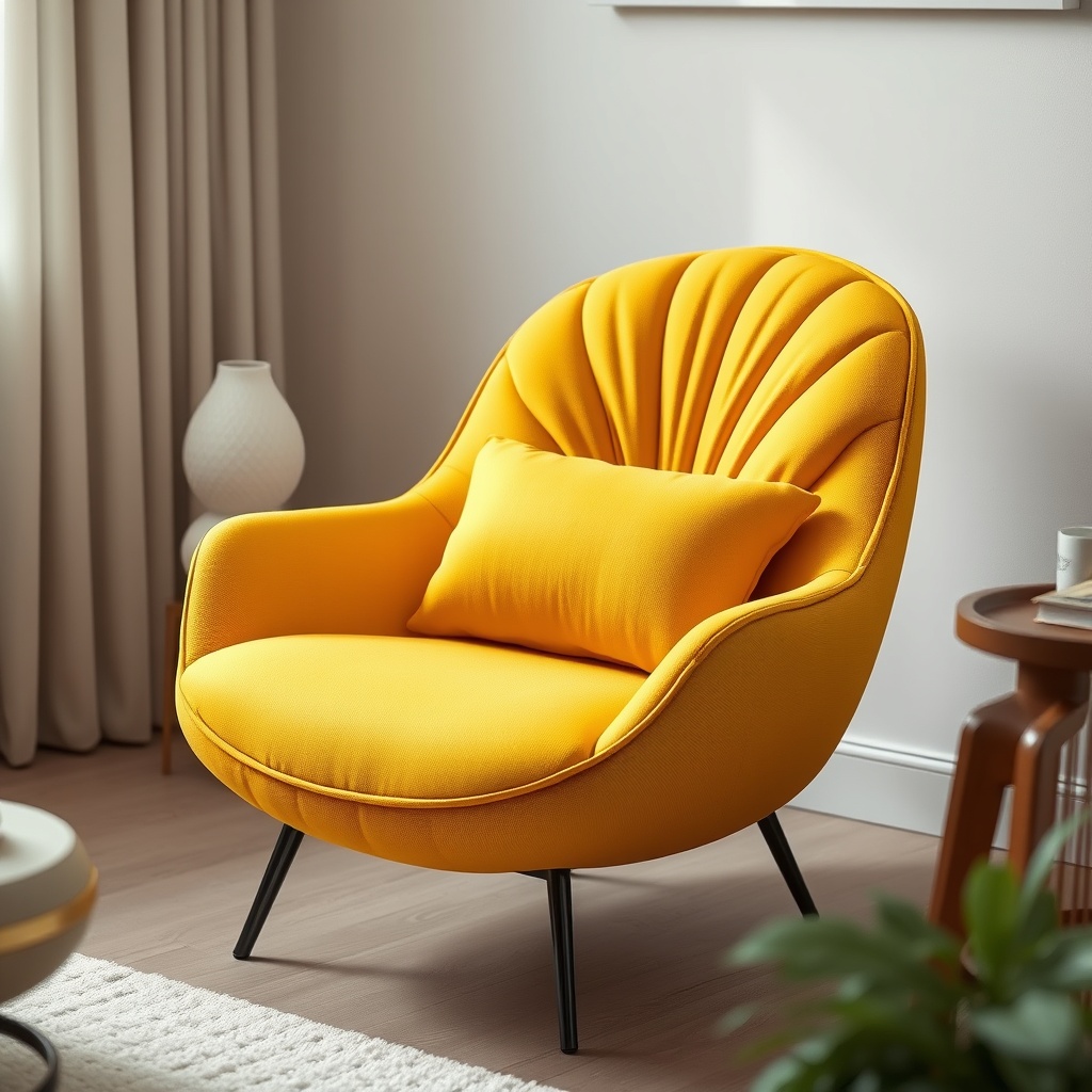 Modern yellow armchair with a soft cushion in a stylish, cozy living space designed for both comfort and elegance.