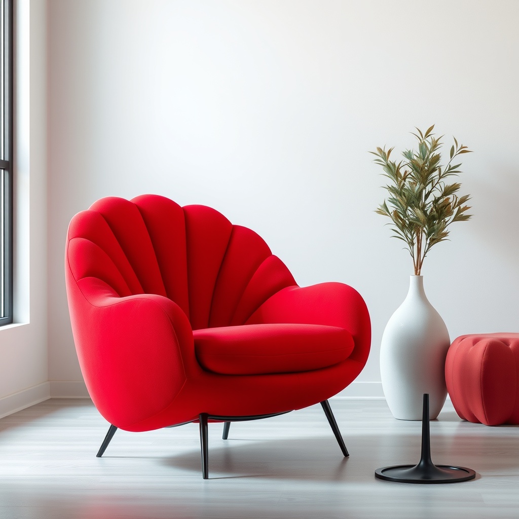 A modern, bright red accent chair with plush cushioning in a minimalist interior setting, complemented by a white vase with greenery, perfect for home and office décor.