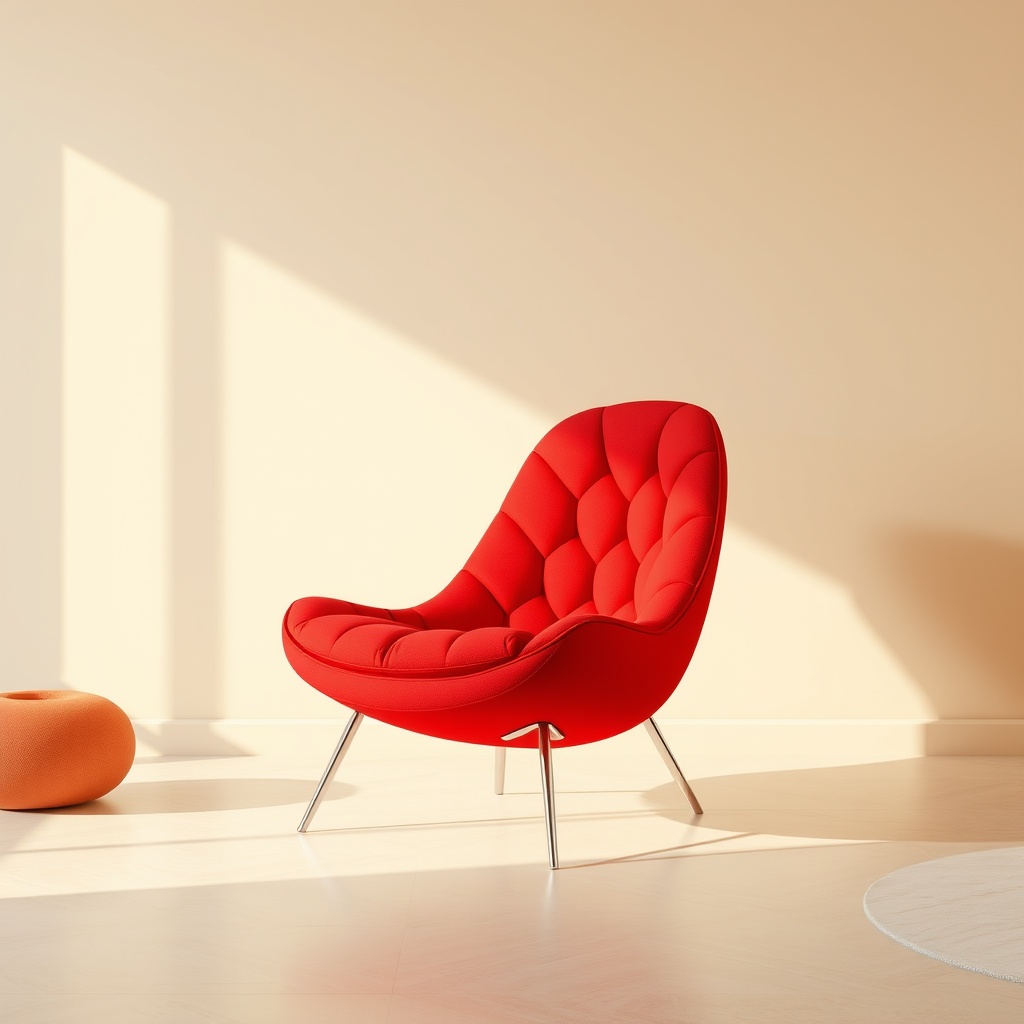 Red modern lounge chair with tufted upholstery in a minimalist sunlit living room.