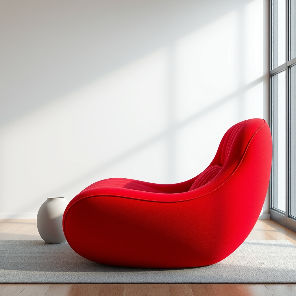 A sleek, modern red lounge chair placed in a bright room with large windows and a minimalist decor.