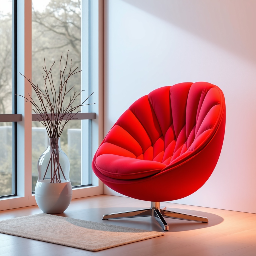 A vibrant red contemporary chair with a cushioned, curved design placed by a window in a modern living room.