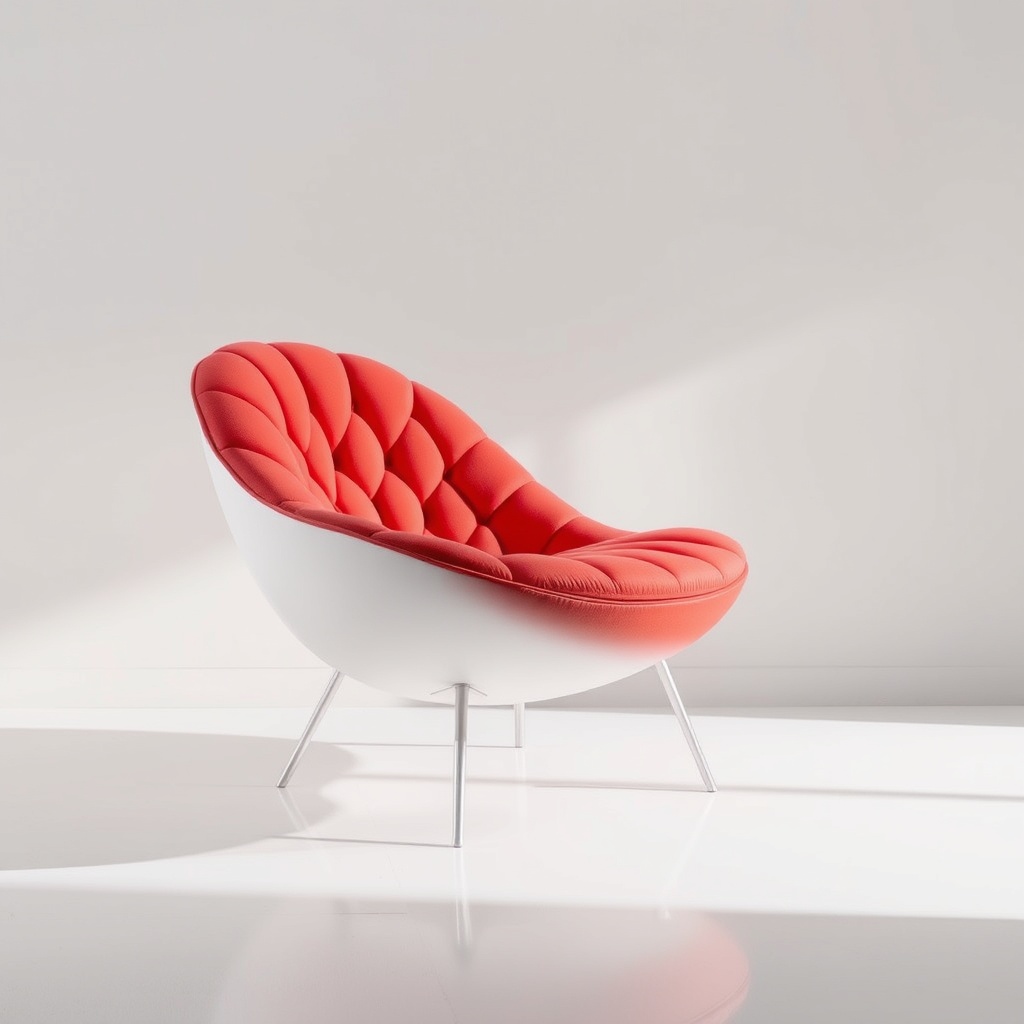 Modern red designer chair with sleek, minimalist design in a brightly lit interior space.