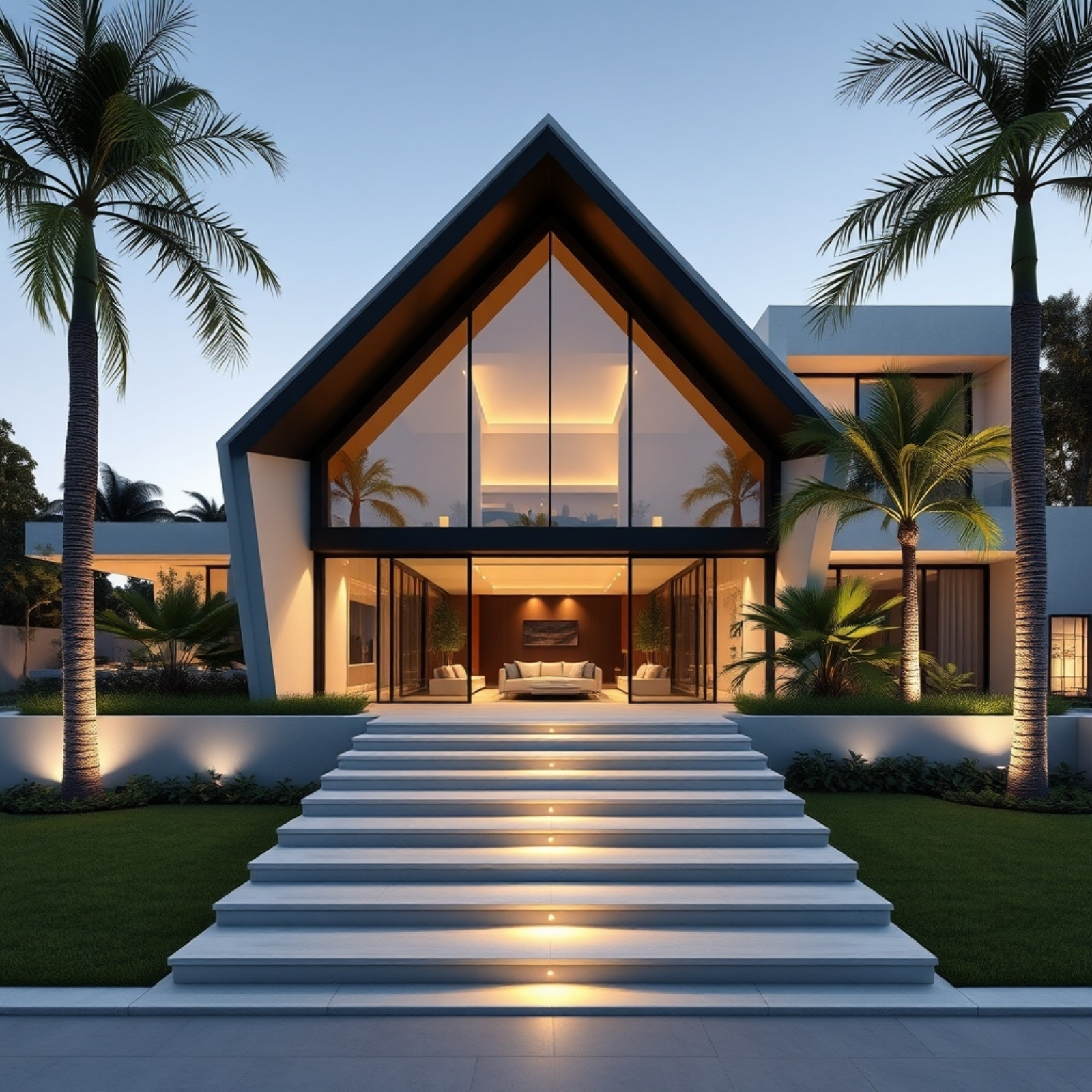 A modern luxury home with a symmetrical A-frame roof, large glass walls, and illuminated stairs leading to the entrance, surrounded by lush palm trees.