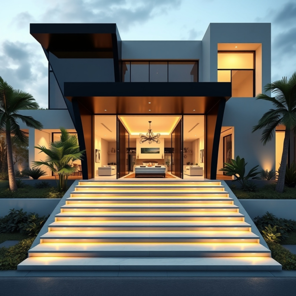 A modern luxury home entrance with illuminated steps and large glass doors, showcasing sleek architectural design.