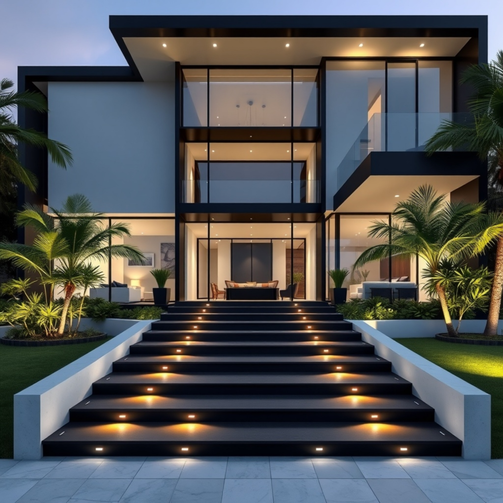 Modern luxury home exterior with illuminated entrance steps, large glass windows, and palm trees at twilight.